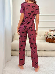 Heart Print Pajama Set Short Sleeve Crew Neck Top & Elastic Waistband Pants