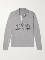Mountain Pattern Knit Polo Shirt Men's Casual Lapel Stretch Pullover Sweater