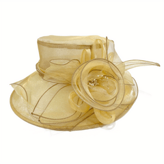 Mesh Flower Organza Sun Hat Wide Brim Derby Hat Solid Breathable Church Hat