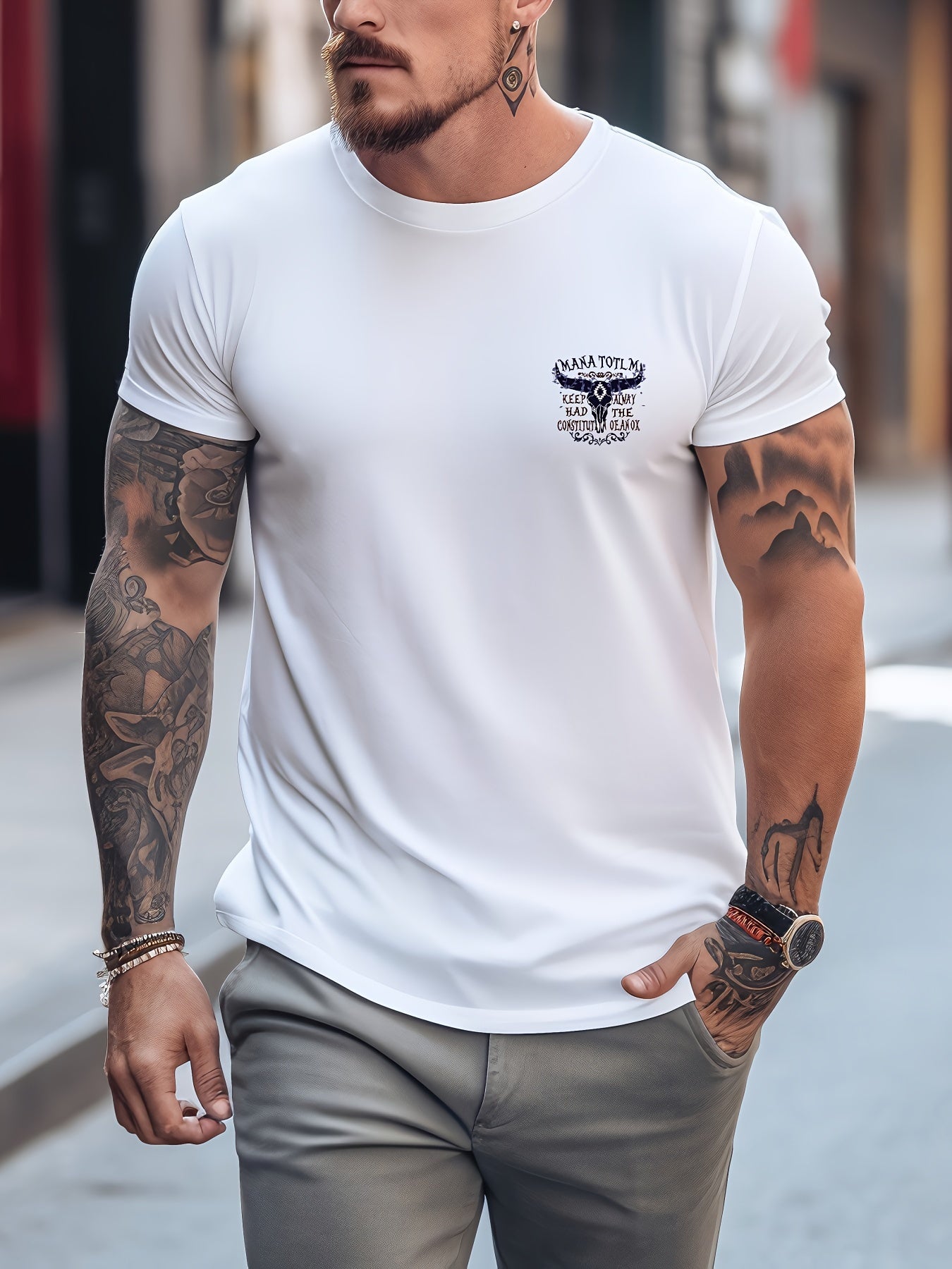 Men's Printed Sports T-shirt Stretch Round Neck Tee Shirt
