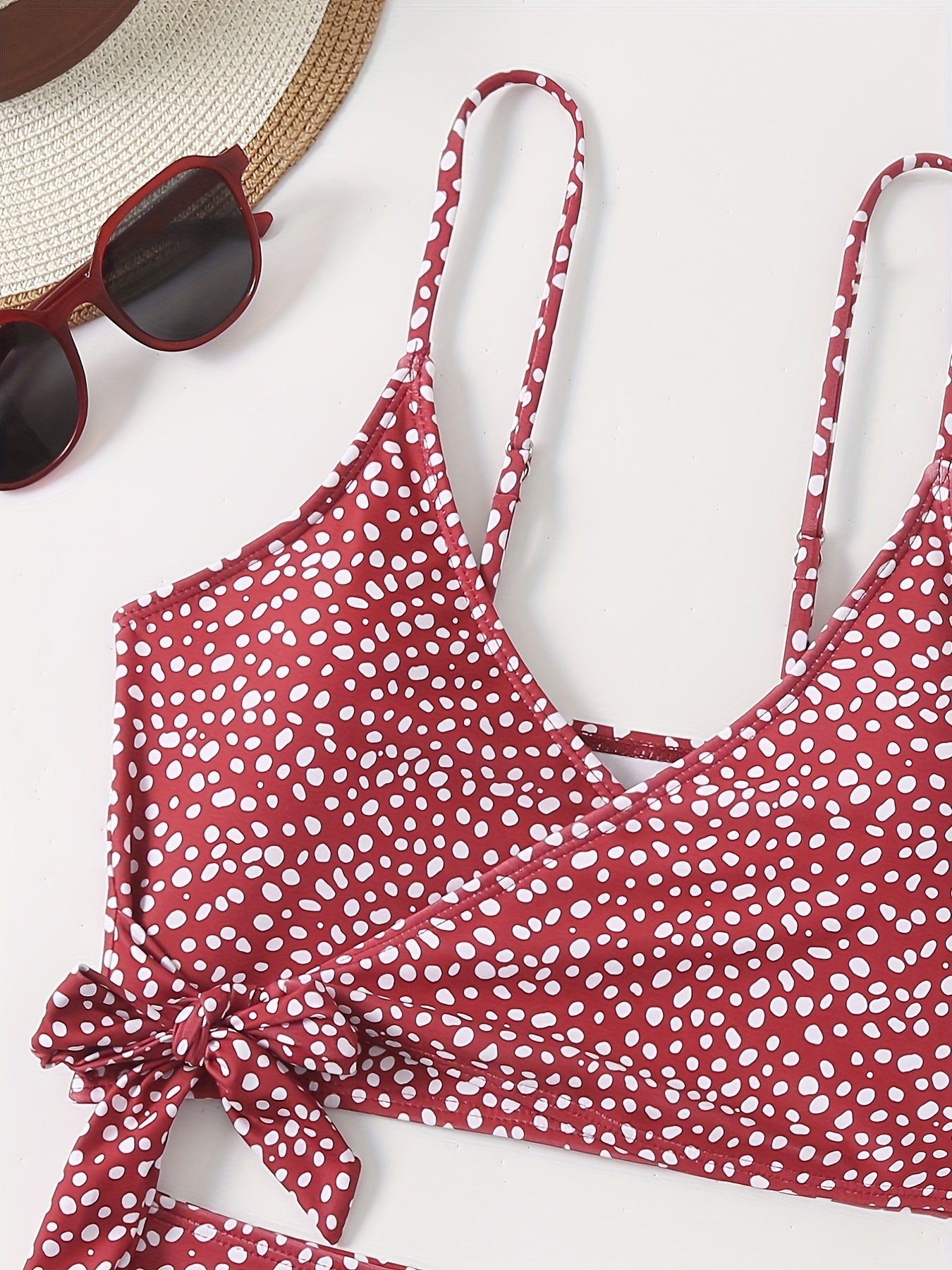 Polka Dot Bikini Set V Neck Bow Tie Spaghetti Straps High Rise