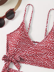 Polka Dot Bikini Set V Neck Bow Tie Spaghetti Straps High Rise