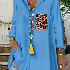 Colorblock Leopard Print Button Up Long Sleeve Shirt