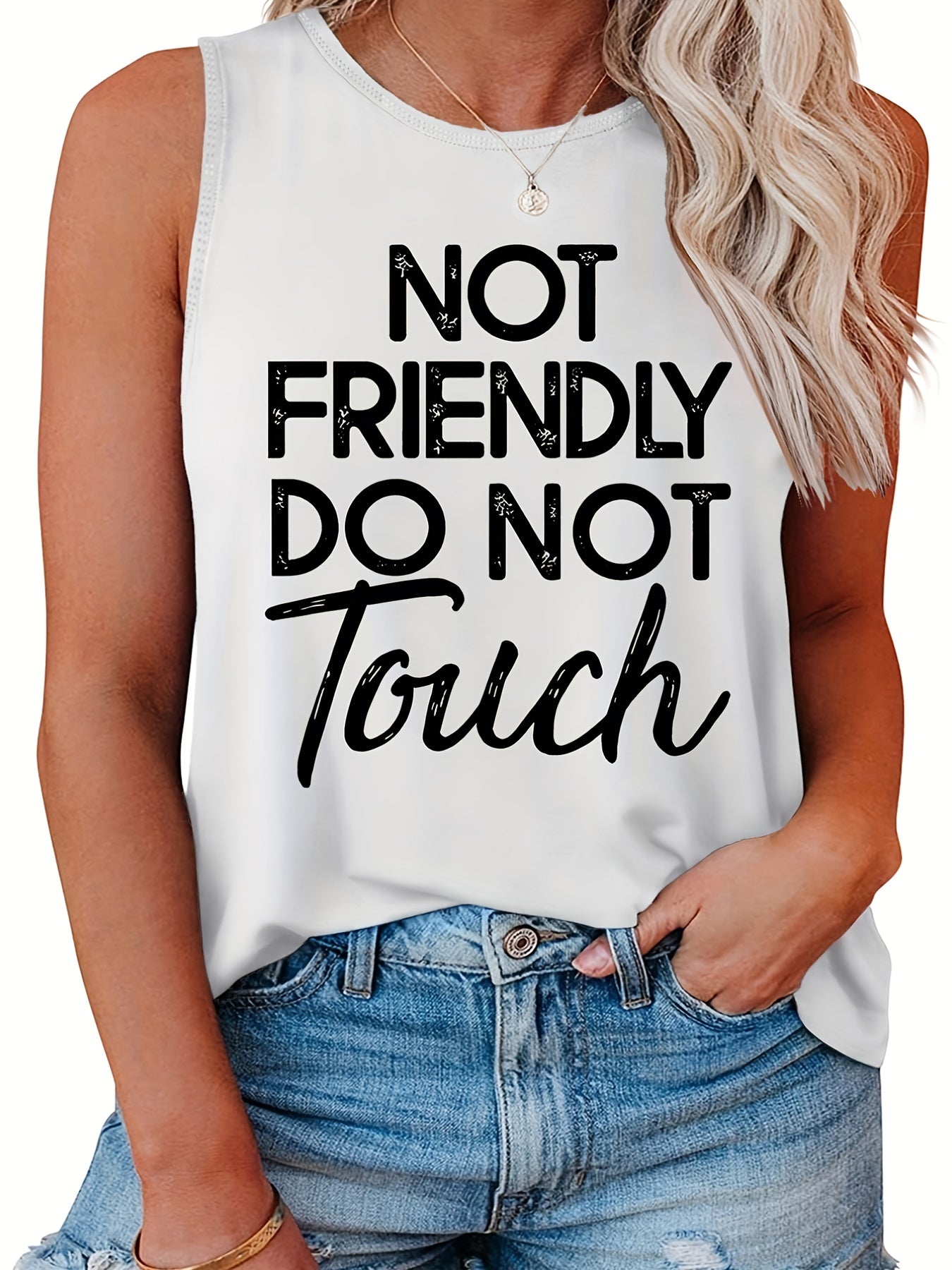 Slogan Print Tank Top Round Neck Stretch Casual Top