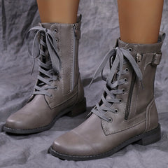 Women's Grey Lace Up Combat Boots Side Zipper Chunky Heel Boots