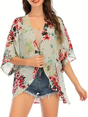Floral Print Cover Up Shirt V Neck Loose Fit Semi Sheer Cover Up Shirt