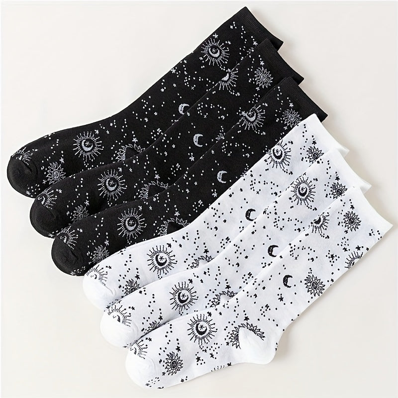 6 Pairs Moon & Sun Print Socks Halloween Mid Tube Women's Stockings