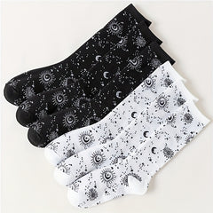 6 Pairs Moon & Sun Print Socks Halloween Mid Tube Women's Stockings