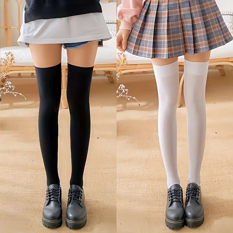 2 Pairs Striped Solid Thigh High Socks Women's Stockings