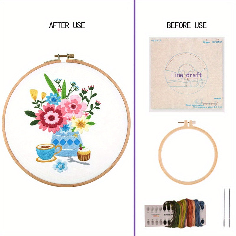 DIY Flower Embroidery Kit w/ Wrapping Paper Cloth & Hoop Threads - 2pcs