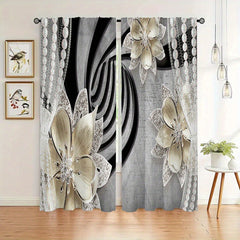 2 Panels Antique Flower Semi Blackout Curtain Rod Pocket Curtains