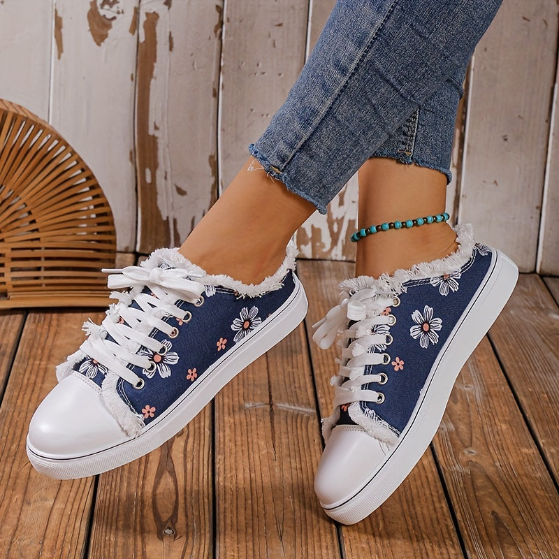 Floral Print Lace Up Canvas Shoes Round Toe Casual Skate Shoes