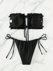 Ruched Bra Top Bandeau Tie Side High Cut Bikini Swimsuit