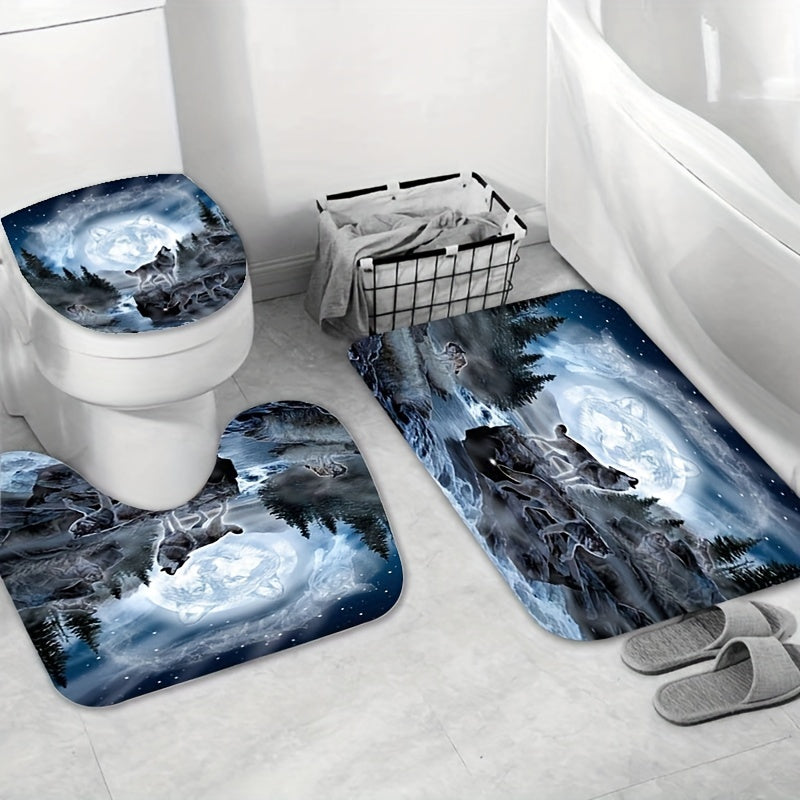 3pcs Wolf Pattern Shower Curtain Set Bathroom Decor