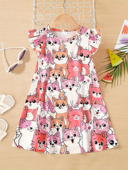 Girl's Kittens Print Casual Dress With Ruffled Sleeve A-line Swing Dress