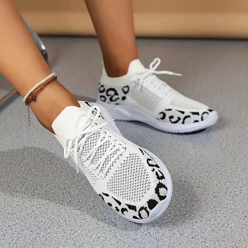Leopard Print Lace Up Sneakers Lightweight Sports Shoes