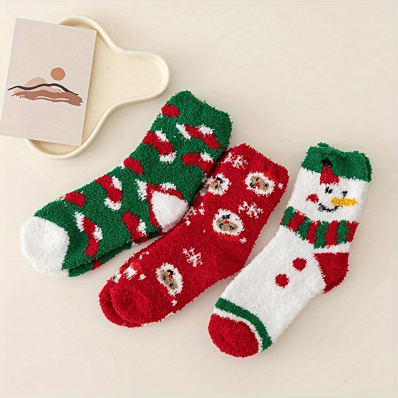 3 Pairs Christmas Print Socks Cozy & Warm Women's Stockings