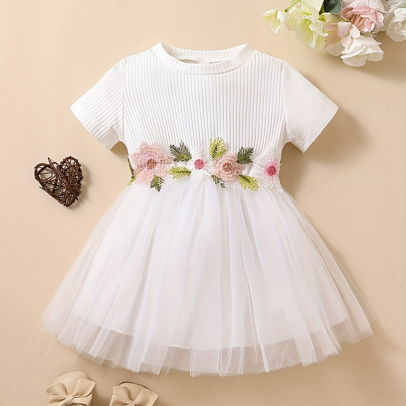 Baby Girls Mesh Splicing Dress Ribbed Short Sleeves Crew Neck Flowers Embroidere