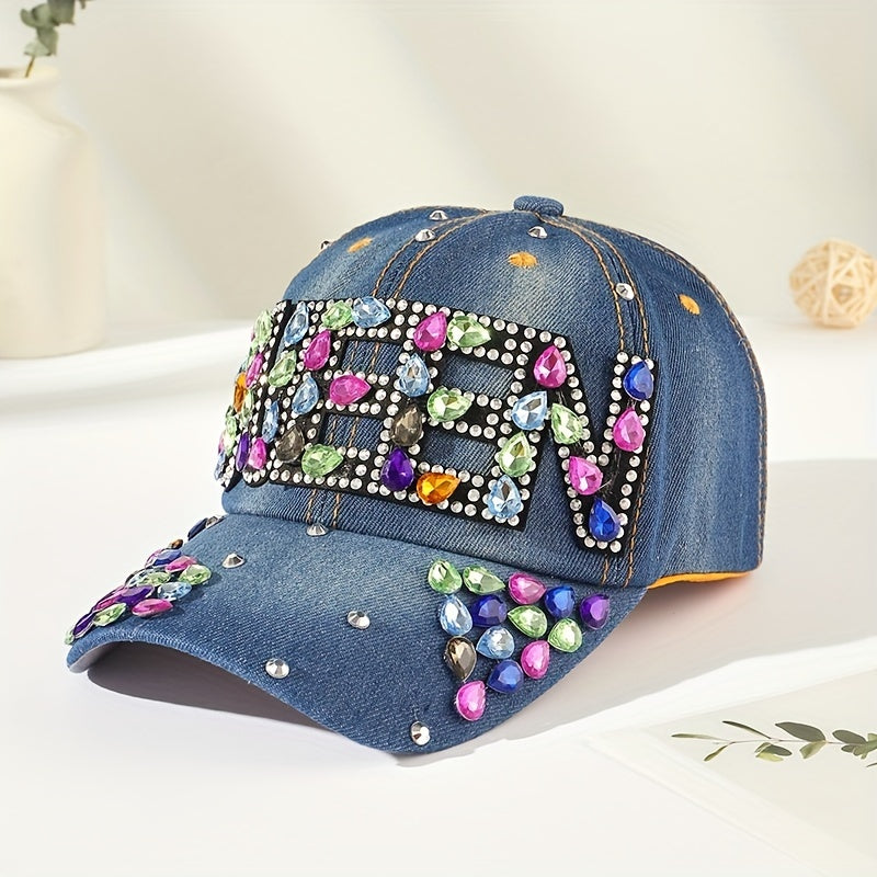 Rhinestone QUEEN Patch Baseball Cap Y2K Denim Sports Hat