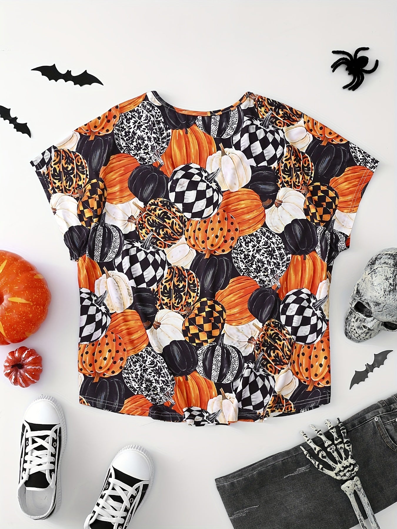 Halloween Blouse Women's Plus Allover Pumpkin Print Batwing Sleeve