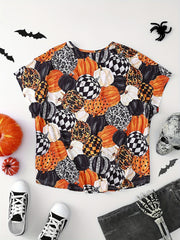 Halloween Blouse Women's Plus Allover Pumpkin Print Batwing Sleeve