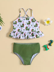 2pcs Toddler Girls Dino Print Cami Top Swimsuit Set