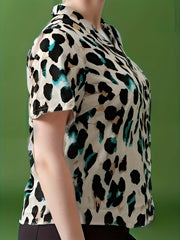 Women's Leopard Print Button-Up Short Sleeve Blouse