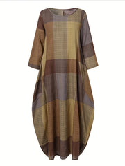 Colorblock Grid Print Long Sleeve Maxi Dress
