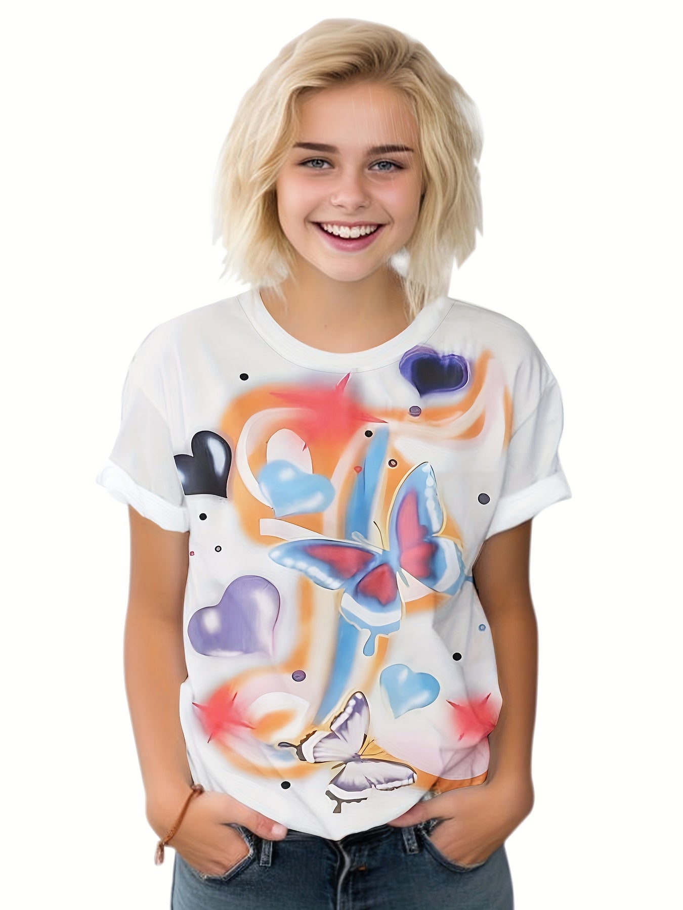 Girls Boys Butterfly & Heart Graphic T-shirt Summer Sports