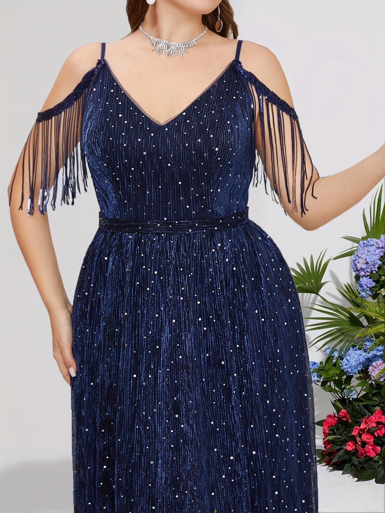 Sequin Fringe Trim V Neck Bridesmaid Dress