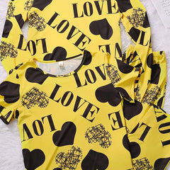 Heart Print Pajamas Set Short Sleeve Crew Neck Top & Long Sleeve Top & Pants