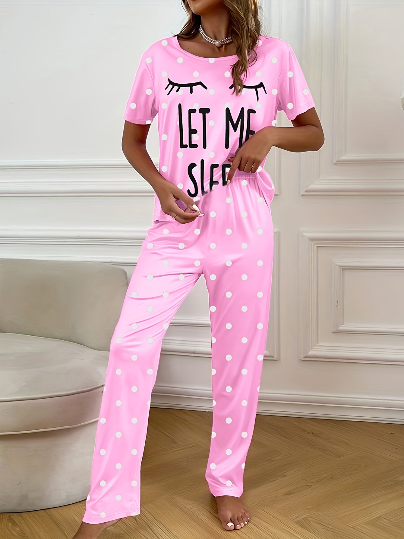 Letter Print Pajama Set Short Sleeve Top & Polka Dot Pants Sleepwear
