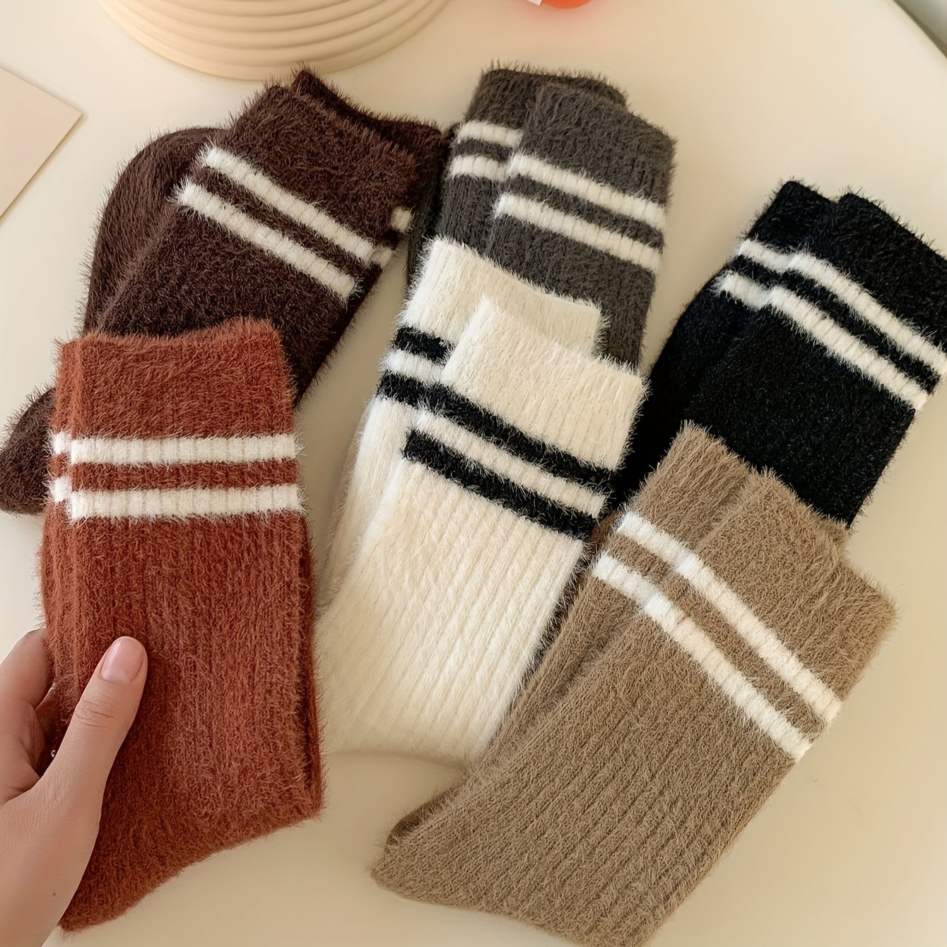 6 Pairs Striped Fuzzy Socks Mid Tube Women's Stockings