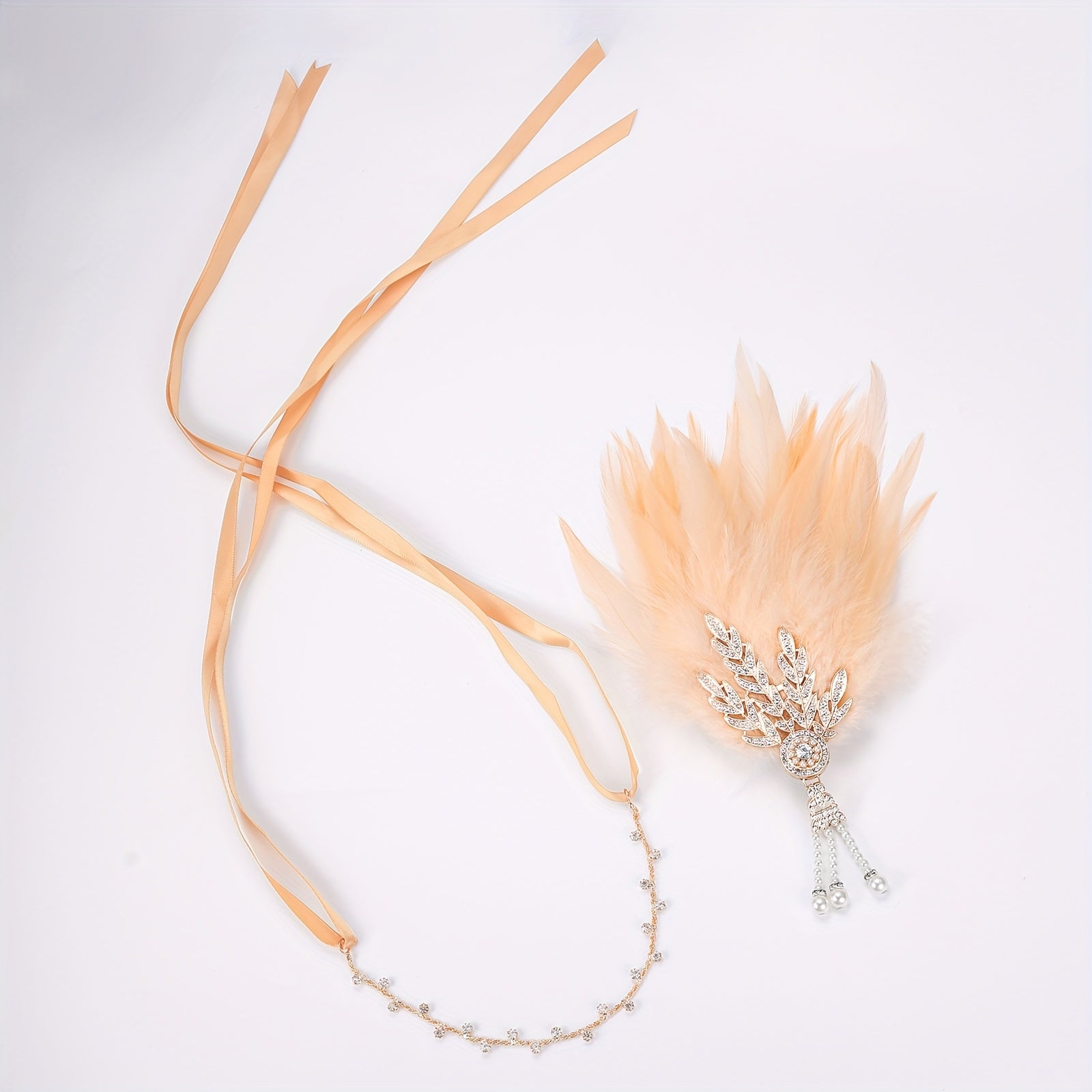 1920s Gatsby Feather Headband with Rhinestones & Pearls