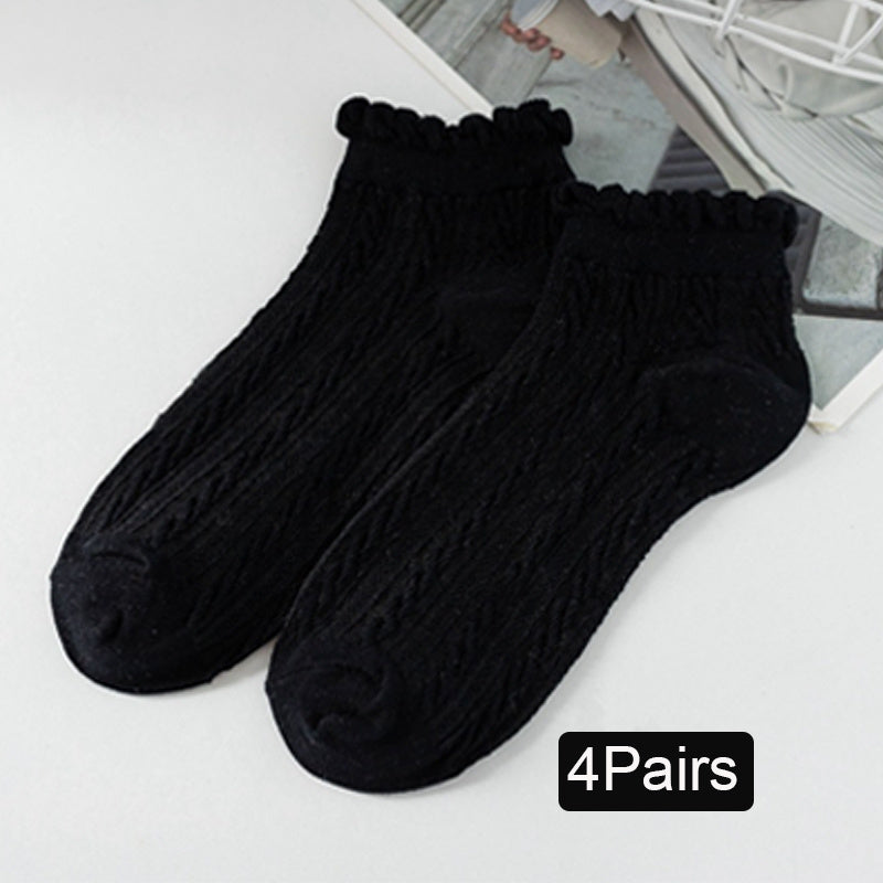 4 Pairs Floral Trim Ankle Socks Textured Causual Women's Stocking