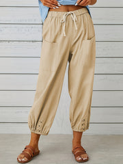 Minimalist Elastic Waist Cropped Pants Casual Solid Drawstring Pants Women