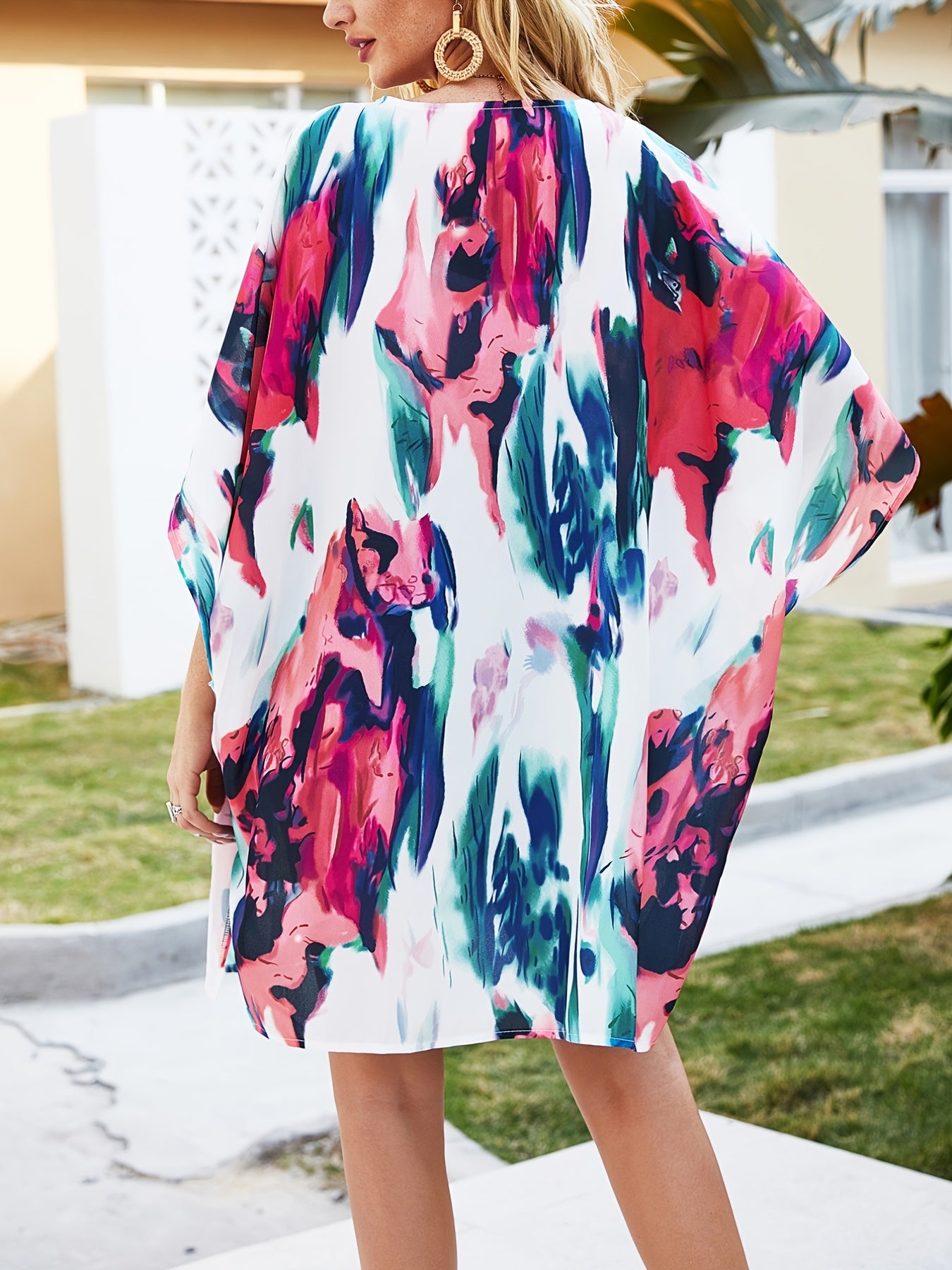 Colorblock Cover Up Shirt V Neck Half Sleeve Chiffon Blouse