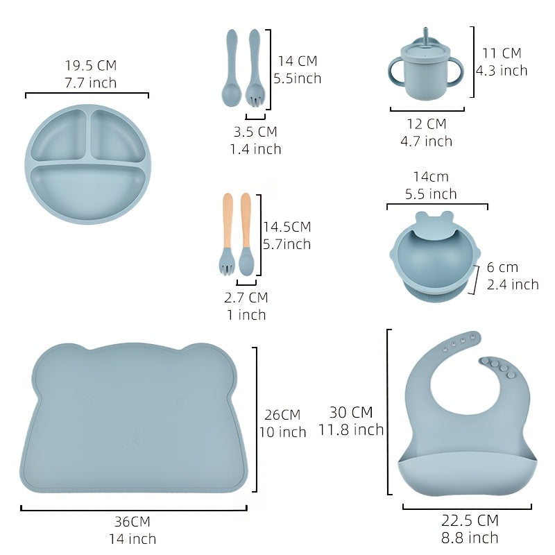 9pcs Kids Tableware Set Silicone Divided Plate Fork Spoon Cartoon Table Mat