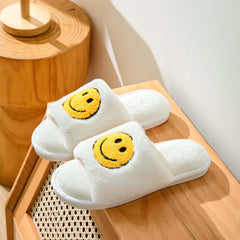Smile Face Plush Slippers Open Toe Cozy Slip On Flat Fuzzy Shoes