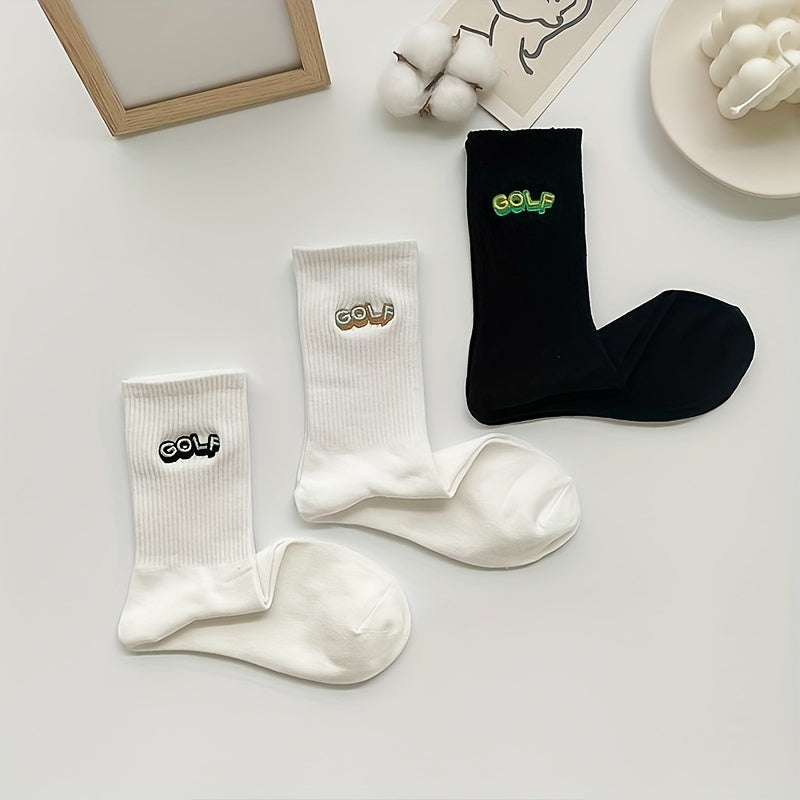 3 Pairs Letter Embroidery Crew Socks Comfy Breathable Sports Stockings