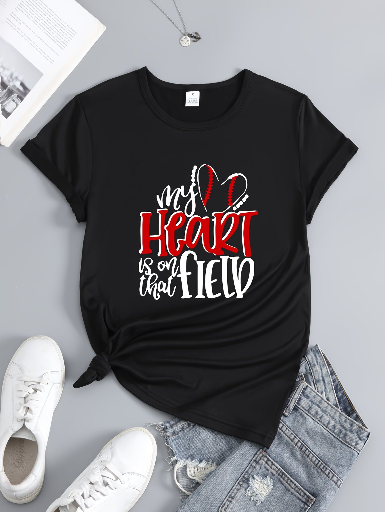 Heart Baseball Letter Short Sleeve Sports Tee for Women