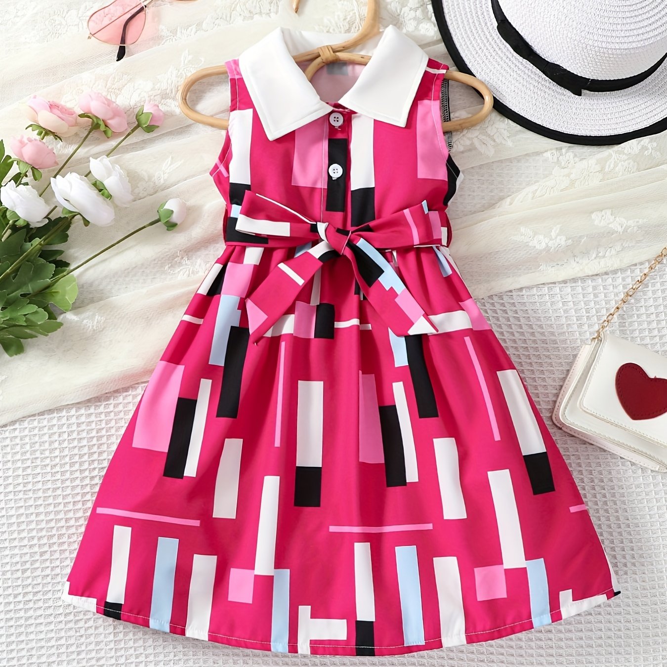Toddler Girls Sleeveless Abstract Graphic Button Belted Dress