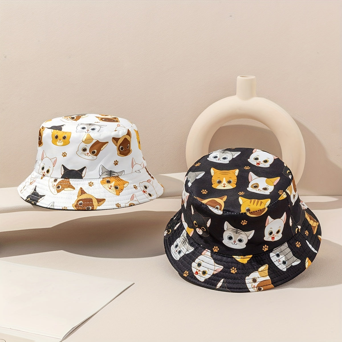 Kids Bucket Hat Romantic Kitten Pattern Reversible Beach Sun Hat