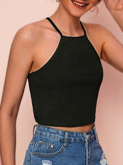 Ribbed Crop Spaghetti Strap Cross Back Cami Top for Summer