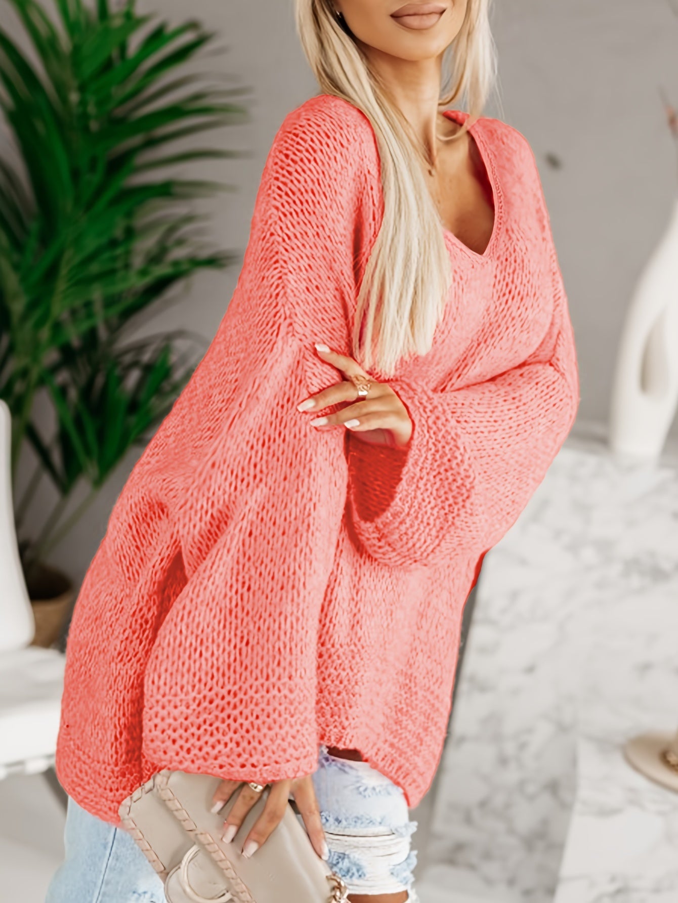 Casual Sweater Women's Plus Solid Long Sleeve V Neck Pullover