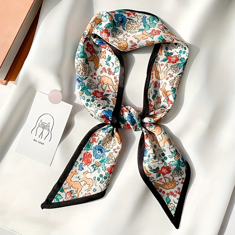 Green Floral Print Skinny Scarf Silk Hair Ribbon Satin Neckerchief Twilly Scarf