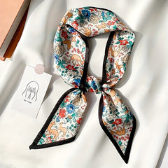 Green Floral Print Skinny Scarf Silk Hair Ribbon Satin Neckerchief Twilly Scarf
