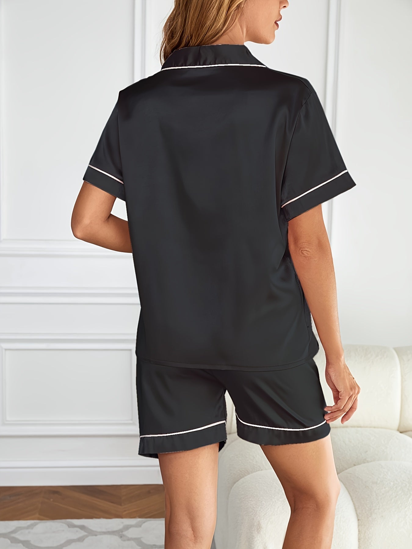 Heart Embroidered Pajama Set Satin Button Down Top & Shorts for Women
