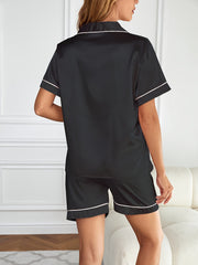 Heart Embroidered Pajama Set Satin Button Down Top & Shorts for Women