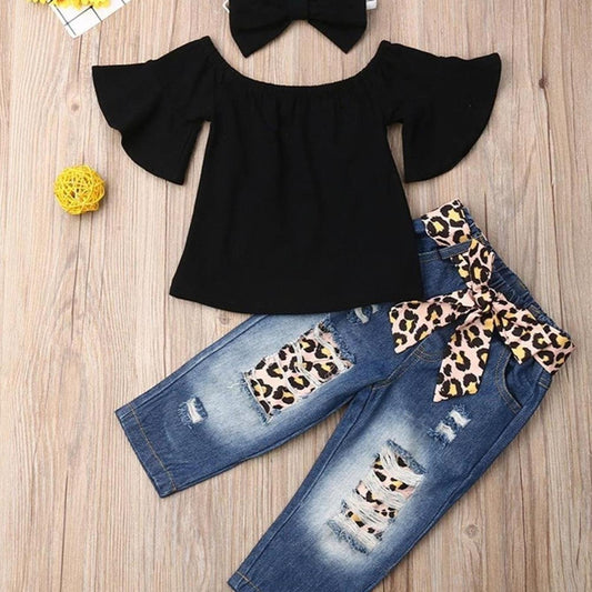 4pc Toddler Girls Off Shoulder Top & Jeans Set w/ Leopard Belt & Headband